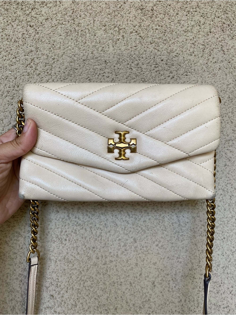 Tory Burch Ivory Quilted Leather Chain Crossbody with Gold Logo